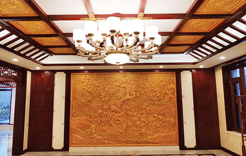 清苑中式别墅客厅中式木作横梁吊顶装饰展示